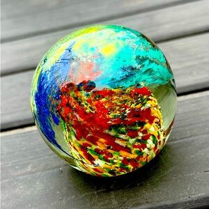 Estate Sale Vintage Multicolored Unique Brushed Designs Glass Paperweight.